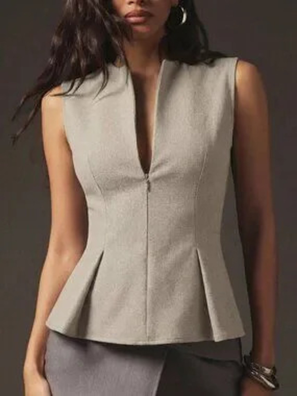 Khaki Casual Women's Sexy Front Zip Sleeveless Top w/Peplum Structured Tailored